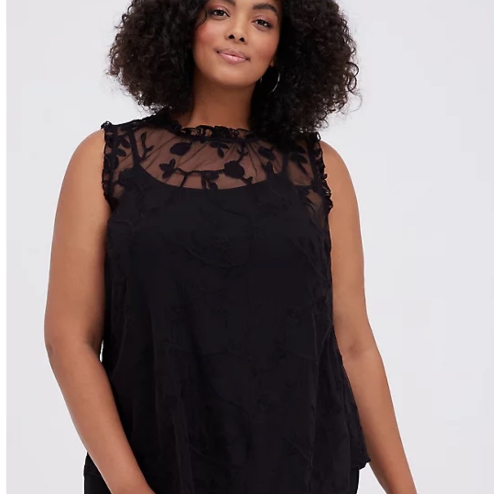 Torrid Black Sheer Mesh Embroidered Sleeveless Top